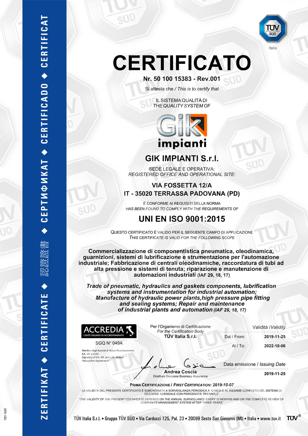 Gik Impianti ha ottenuto la certificazione UNI EN ISO 9001:2015