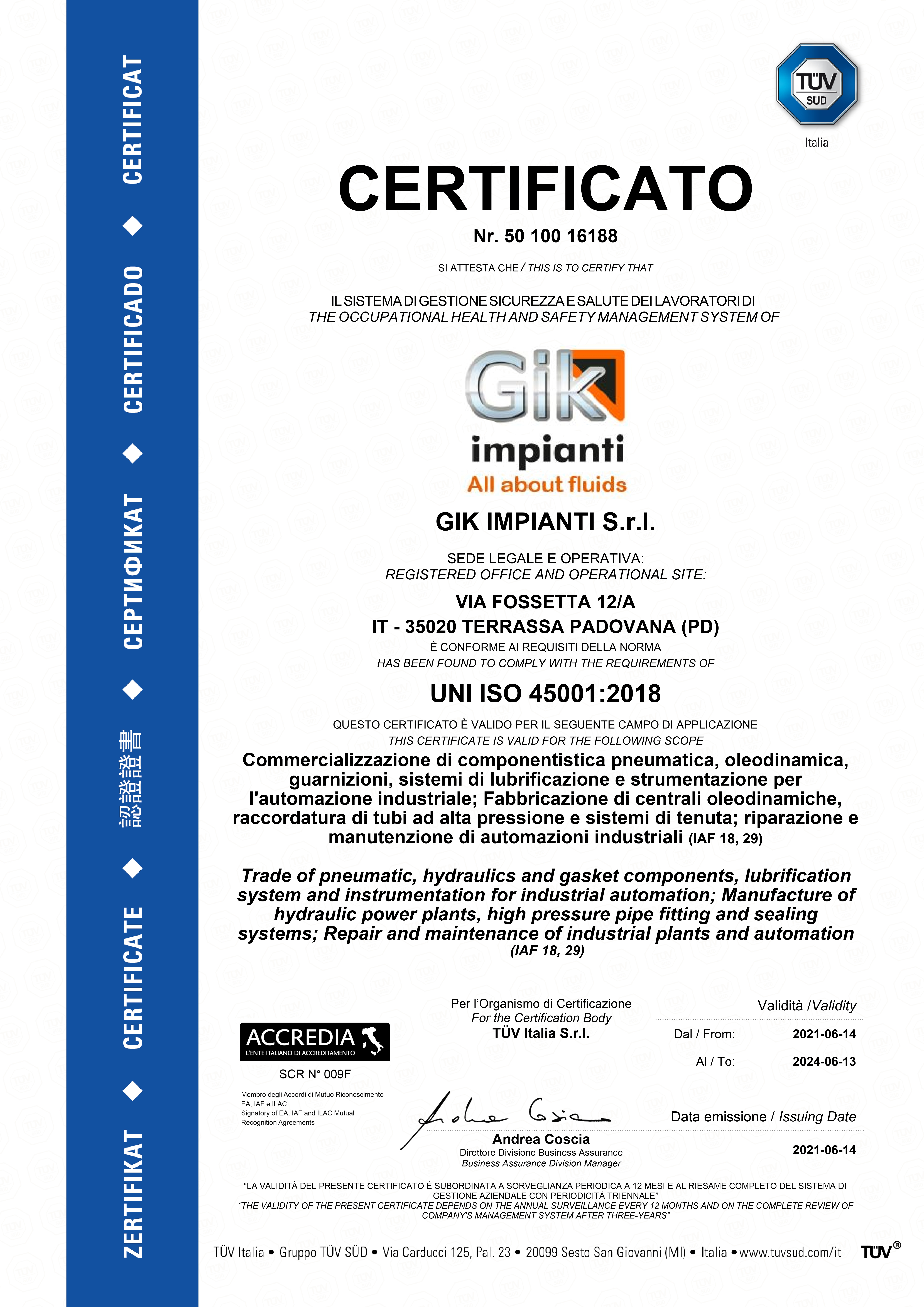 Abbiamo ottenuto la certificazione UNI ISO 45001:2018